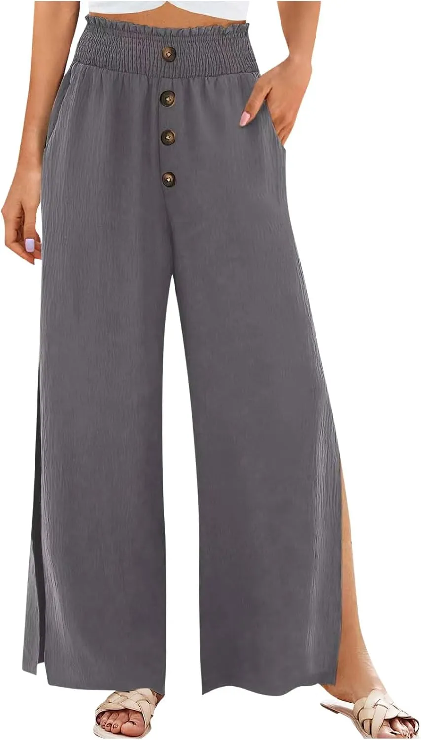 Firzero Wide Leg Pants for Women Casual Summer Elastic High Waist Palazzo Pants Flowy Botton Side Slit Trousers