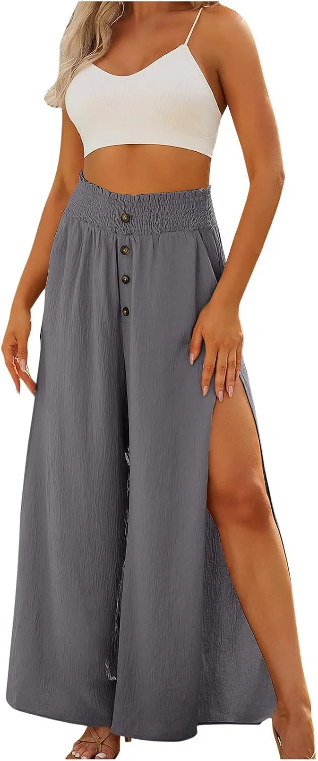 Firzero Wide Leg Pants for Women Casual Summer Elastic High Waist Palazzo Pants Flowy Botton Side Slit Trousers