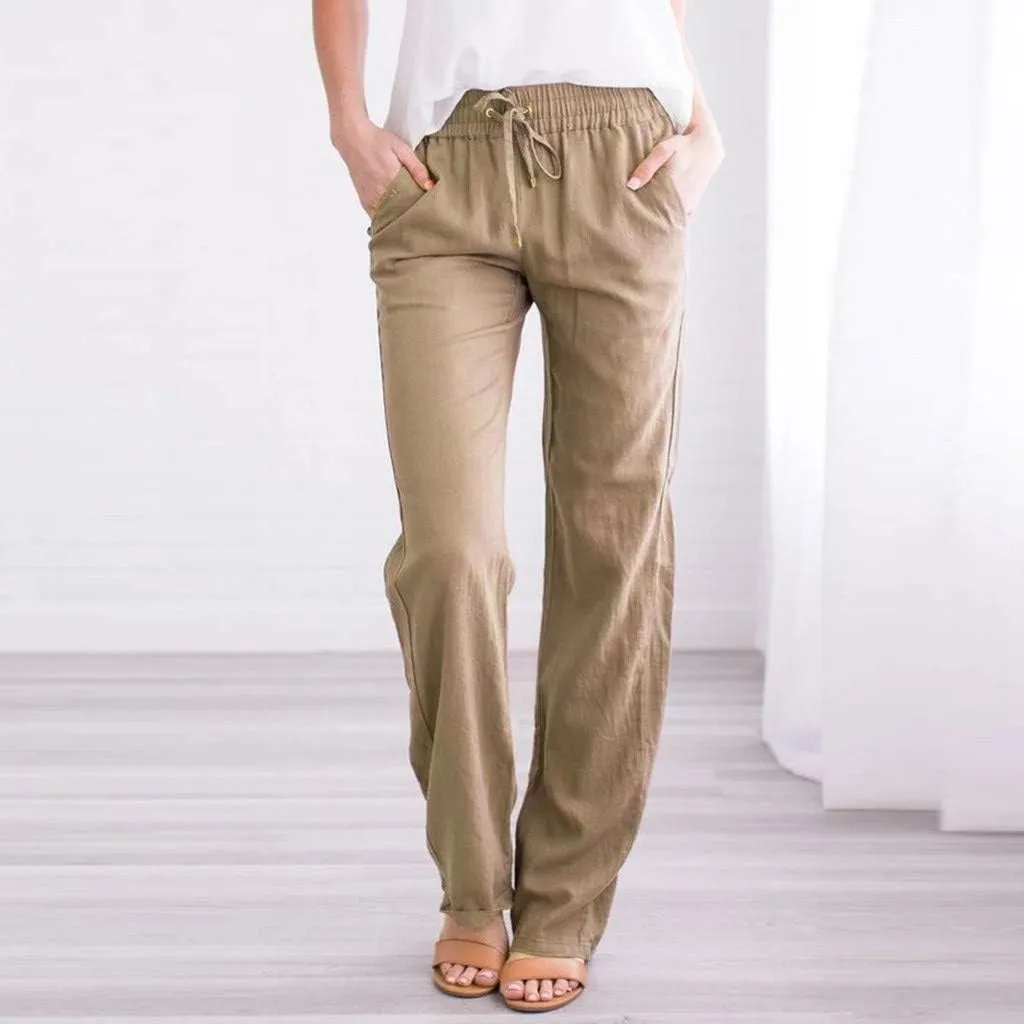 FZVYD Cotton Linen Women's Casual Pants Wide Leg Elastic Drawstring Low Waist Loose Comfy Baggy Long Trousers with Pockets