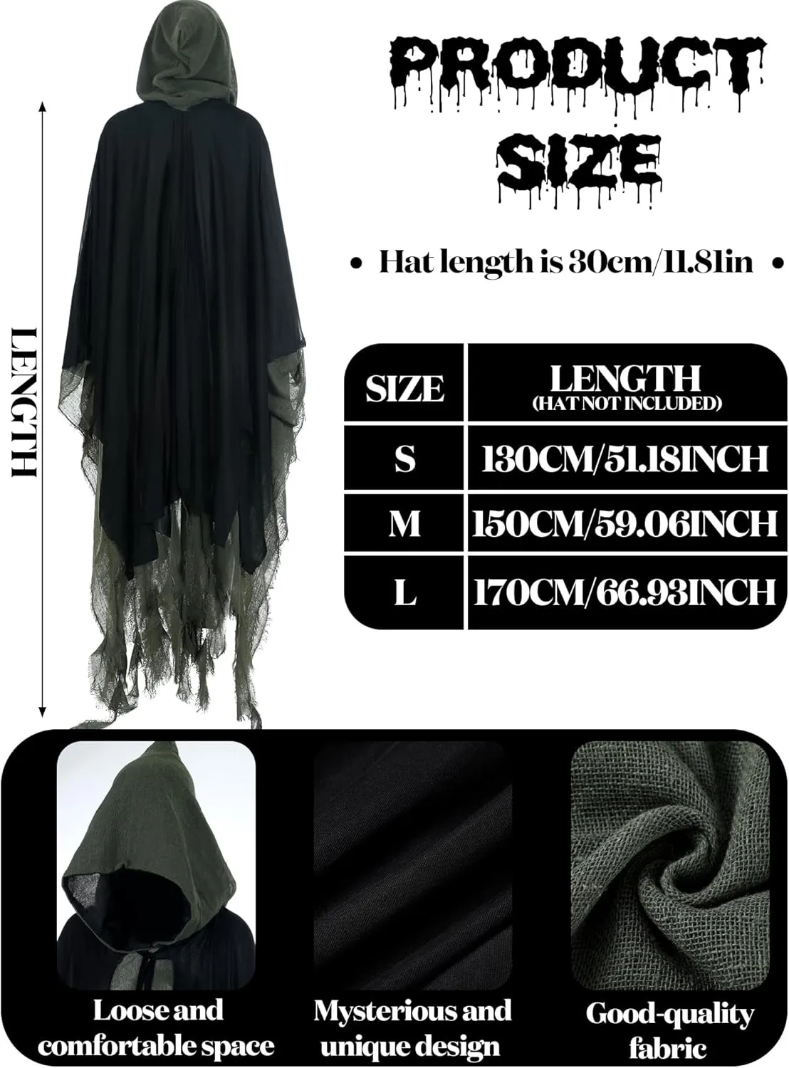 Geyoga 2 Pcs Halloween Hooded Cloak Medieval Renaissance Gothic Wizard Robe Scary Grim Reaper Cosplay Costume for Unisex