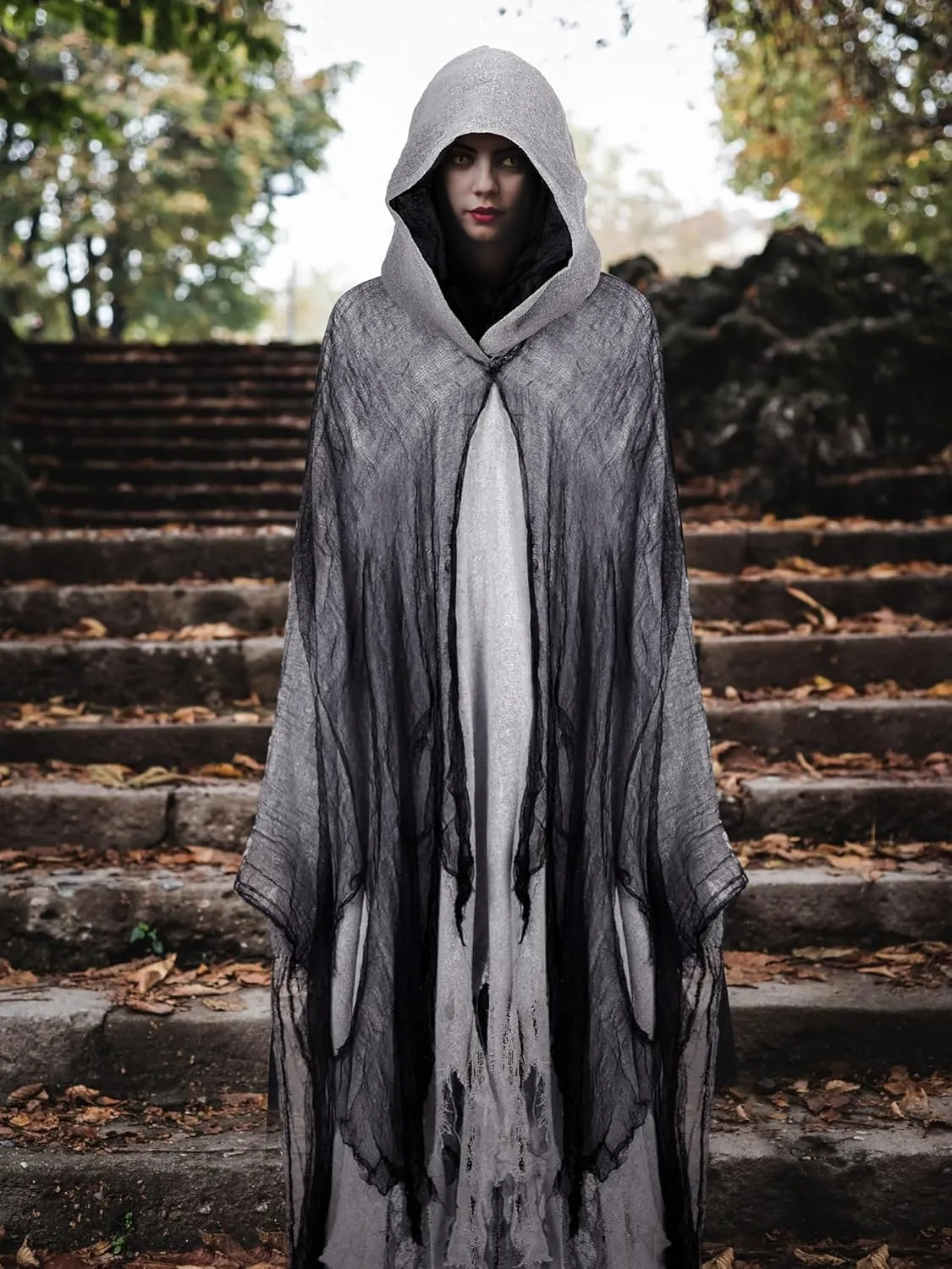 Geyoga 2 Pcs Halloween Hooded Cloak Medieval Renaissance Gothic Wizard Robe Scary Grim Reaper Cosplay Costume for Unisex