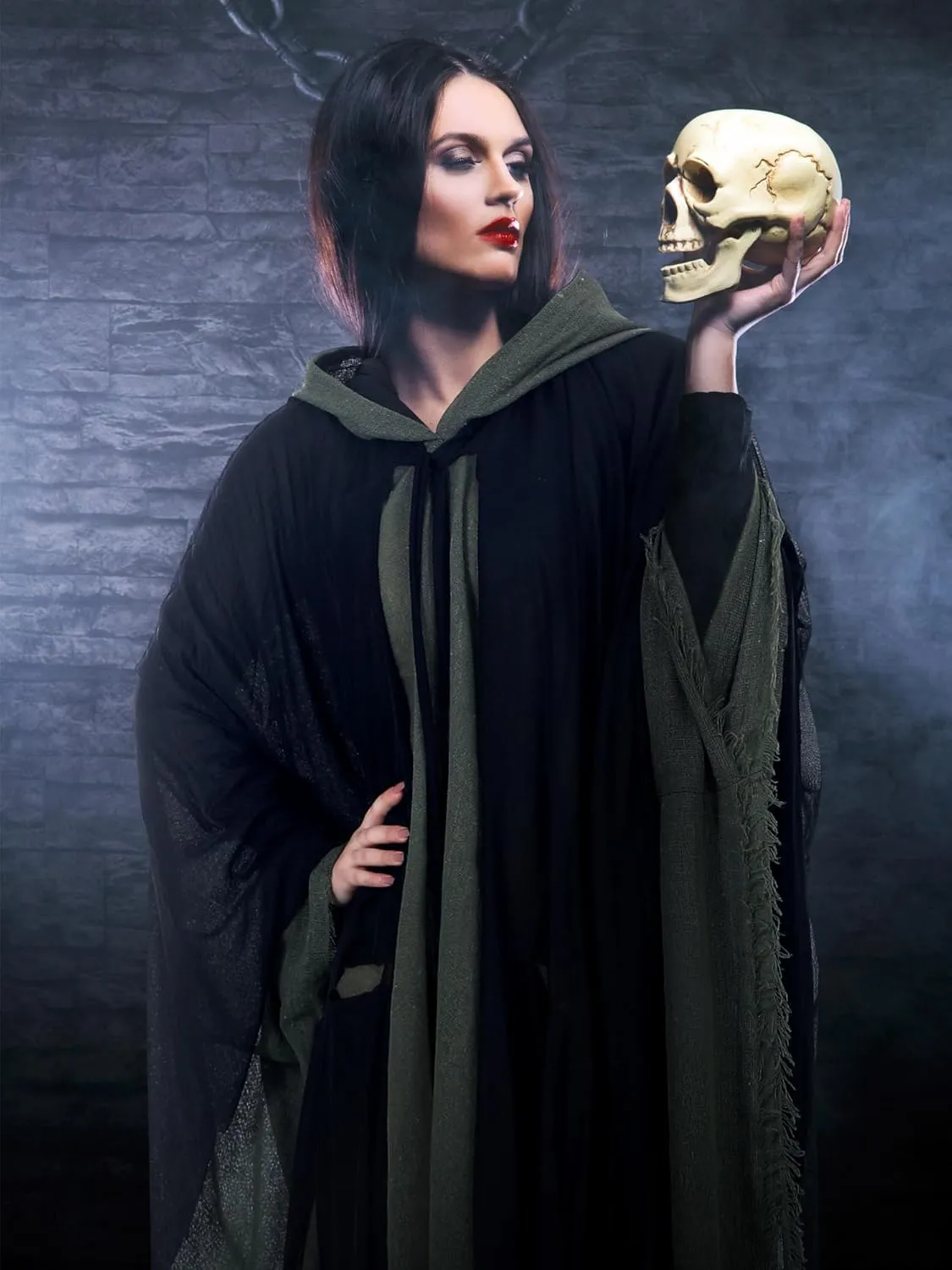 Geyoga 2 Pcs Halloween Hooded Cloak Medieval Renaissance Gothic Wizard Robe Scary Grim Reaper Cosplay Costume for Unisex