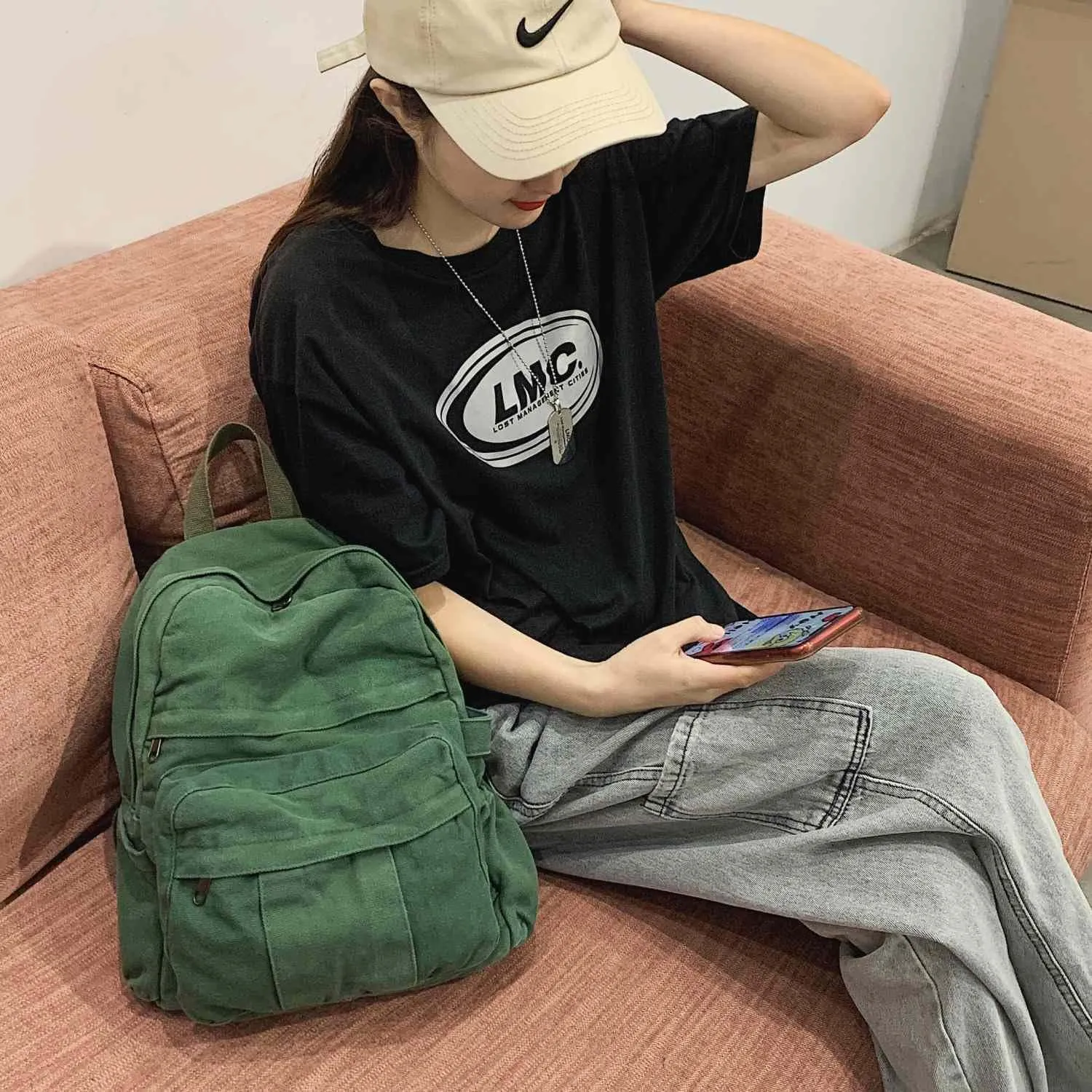 Green Canvas Backpack for Women Retro Aesthetic Rucksack Basic Backpack for High School/College Students Travel Laptop Bag