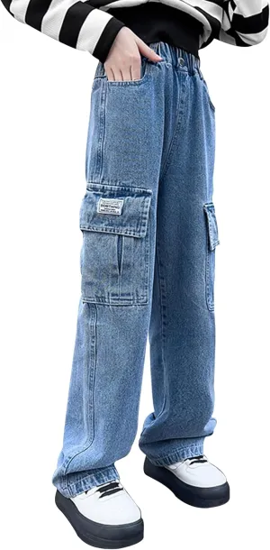 Happy Cherry Girls Jeans Straight Wide Leg Flare Denim Pants for All Seasons 5-15 Y