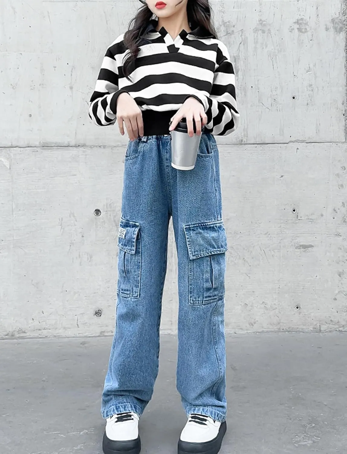 Happy Cherry Girls Jeans Straight Wide Leg Flare Denim Pants for All Seasons 5-15 Y