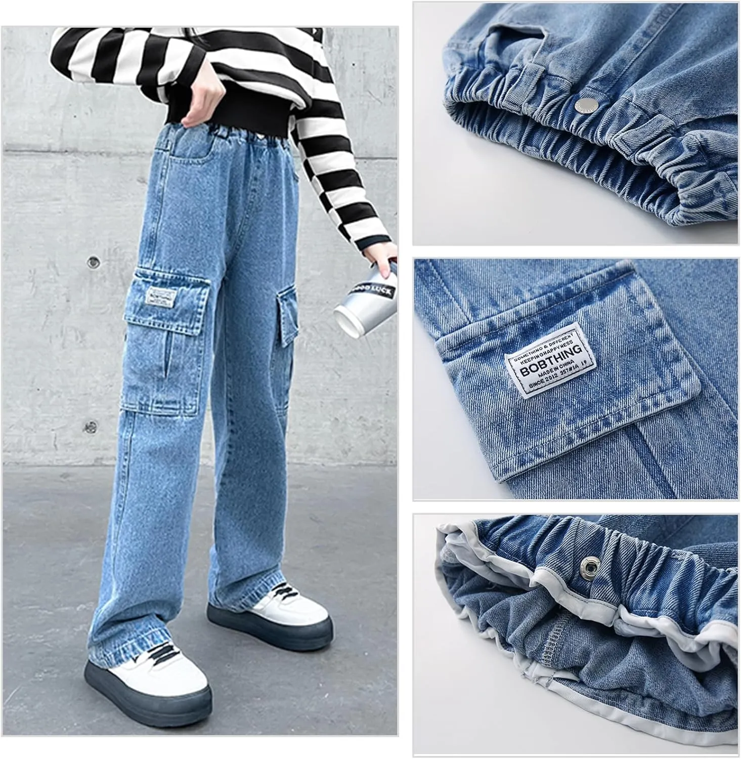 Happy Cherry Girls Jeans Straight Wide Leg Flare Denim Pants for All Seasons 5-15 Y