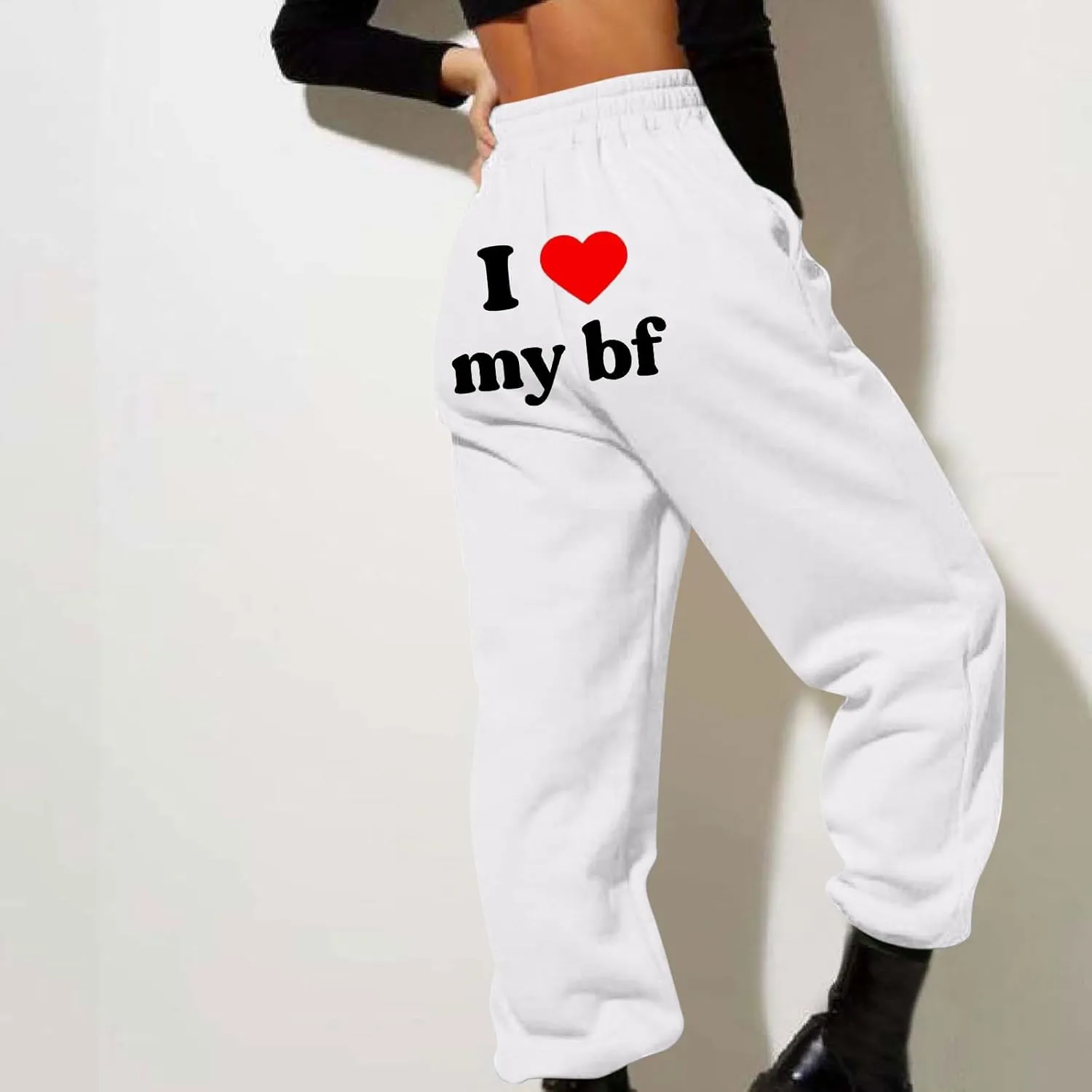 Heart Print Sweatpants for Women Long Pants I Love My bf Jogger Pants Elastic High Waist Trousers