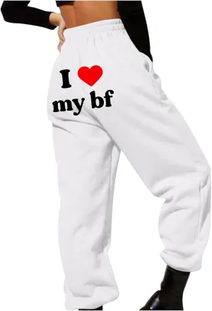 Heart Print Sweatpants for Women Long Pants I Love My bf Jogger Pants Elastic High Waist Trousers