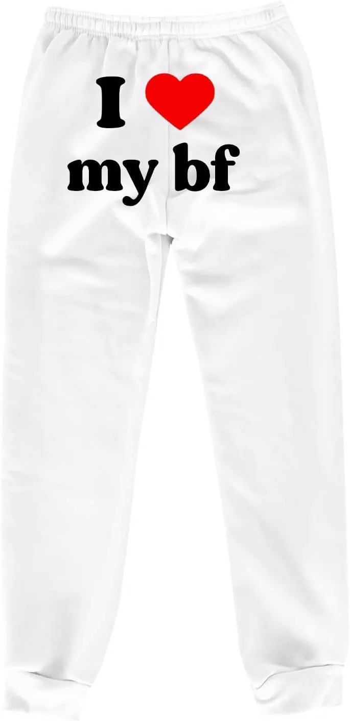 Heart Print Sweatpants for Women Long Pants I Love My bf Jogger Pants Elastic High Waist Trousers