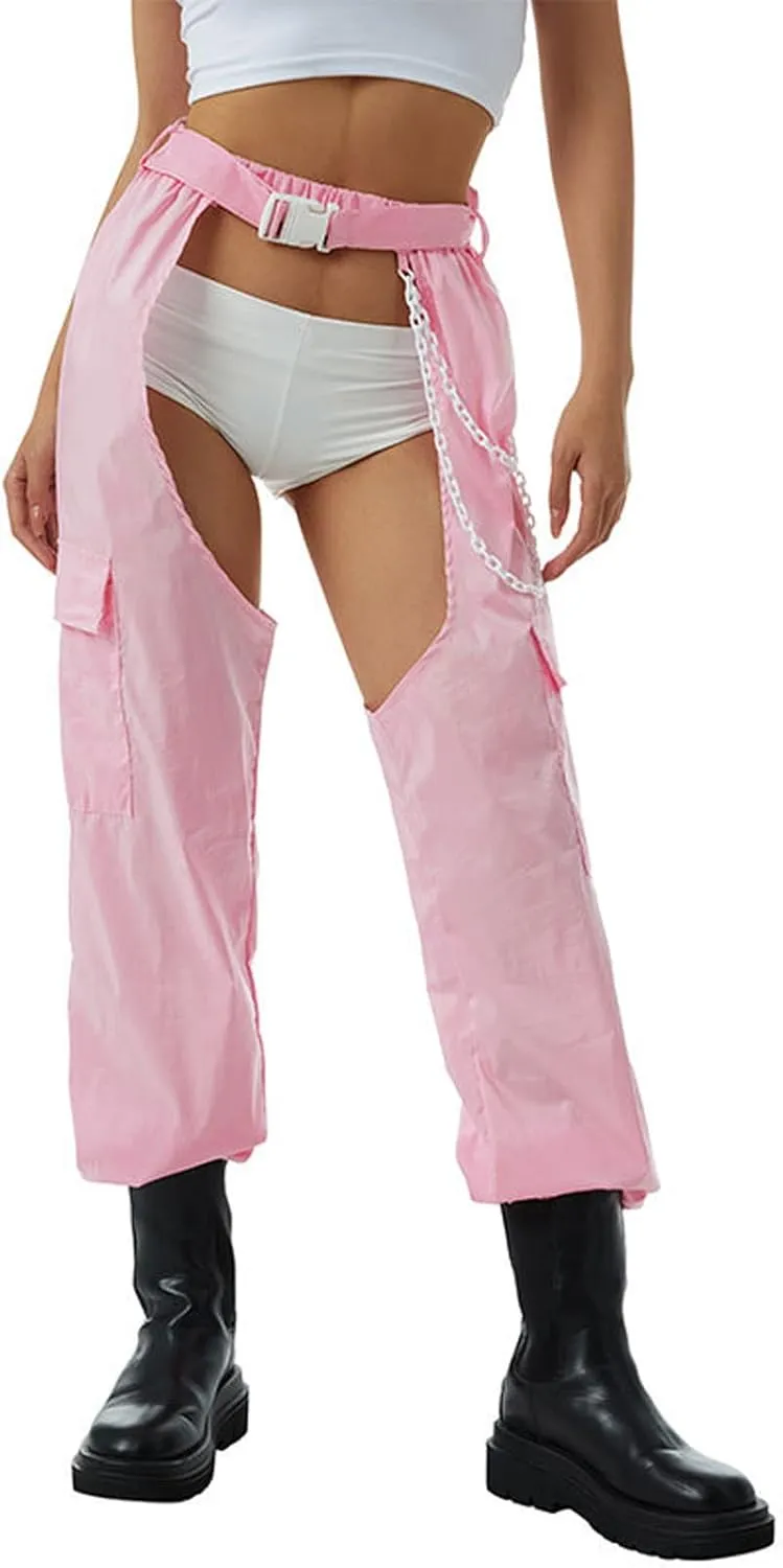 HGps8w Sexy Buckle Bottomless Pants Women Hollow Out See Through Rave Chaps Hiphop Rock Crotch Pants Belted Cargo Trousers