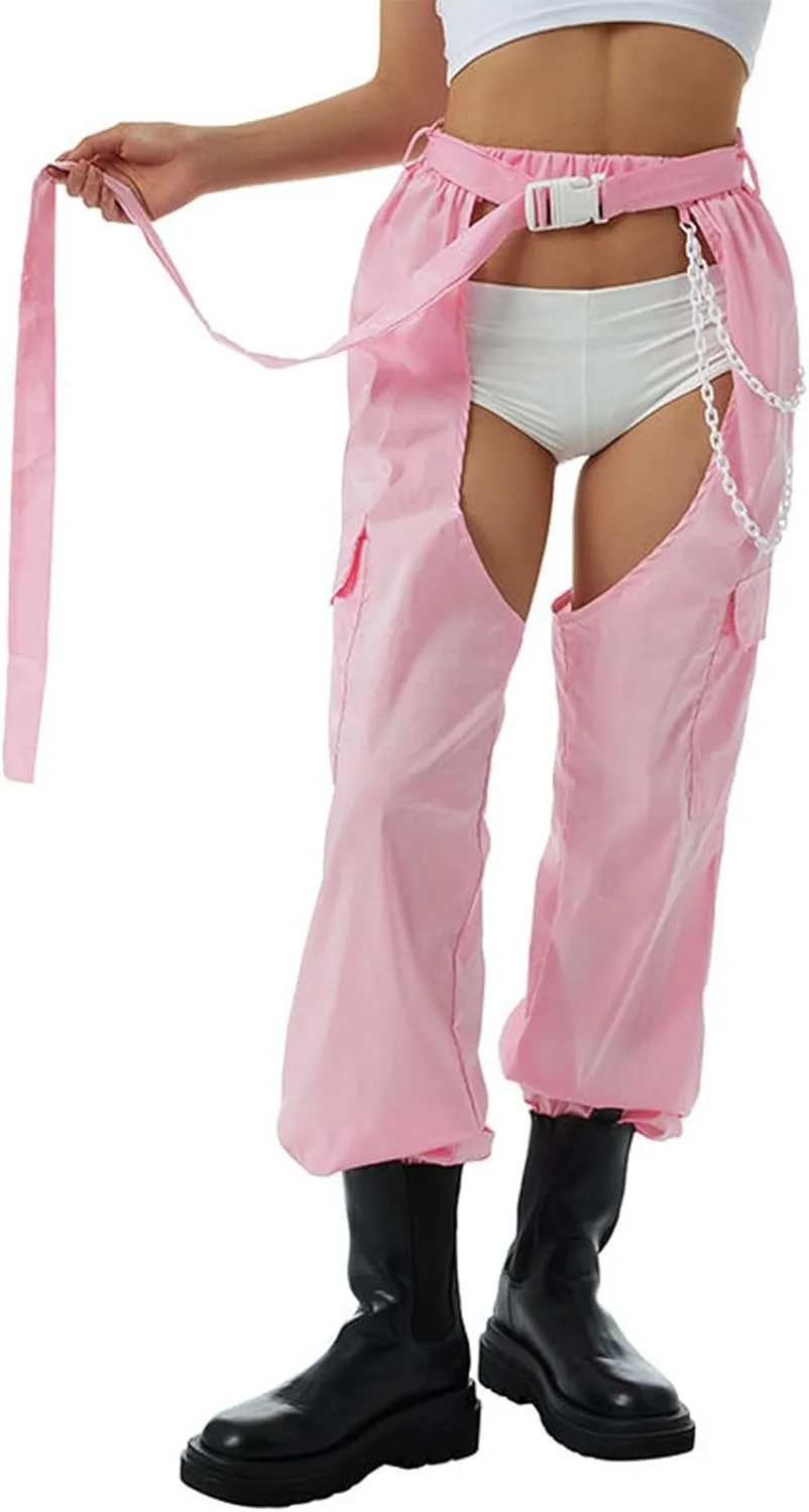 HGps8w Sexy Buckle Bottomless Pants Women Hollow Out See Through Rave Chaps Hiphop Rock Crotch Pants Belted Cargo Trousers