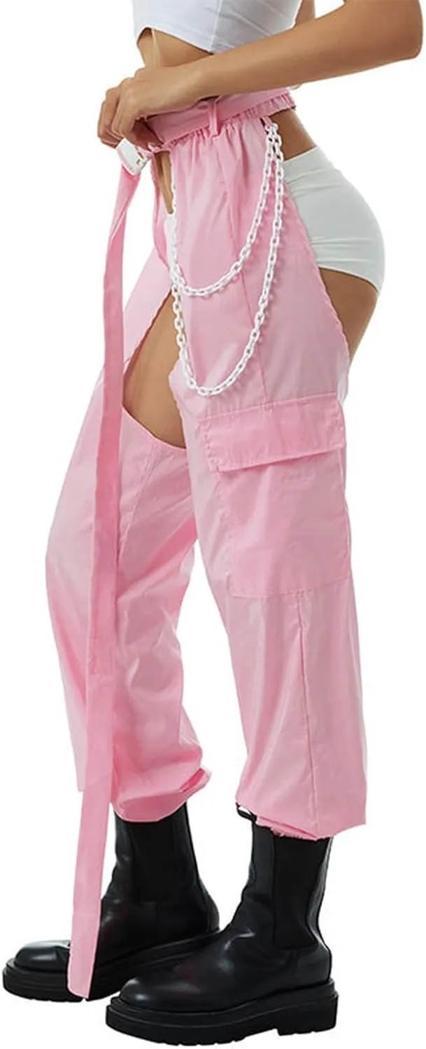 HGps8w Sexy Buckle Bottomless Pants Women Hollow Out See Through Rave Chaps Hiphop Rock Crotch Pants Belted Cargo Trousers