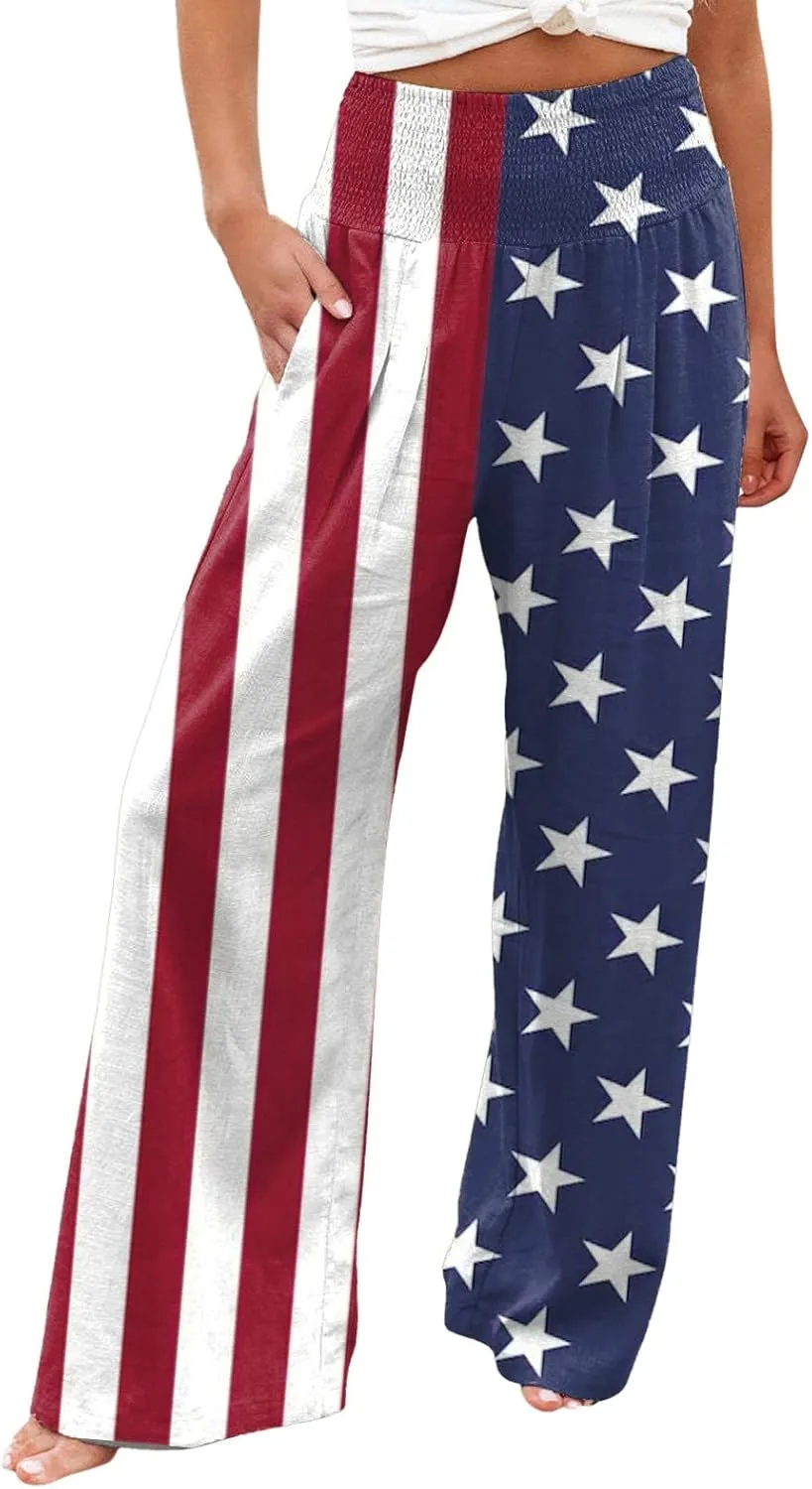 High Waist Cotton Linen Pants Wide Leg Palazzo Pants for Women Smocked Elastic Waist Loose Comfy Casual Pajama Pants