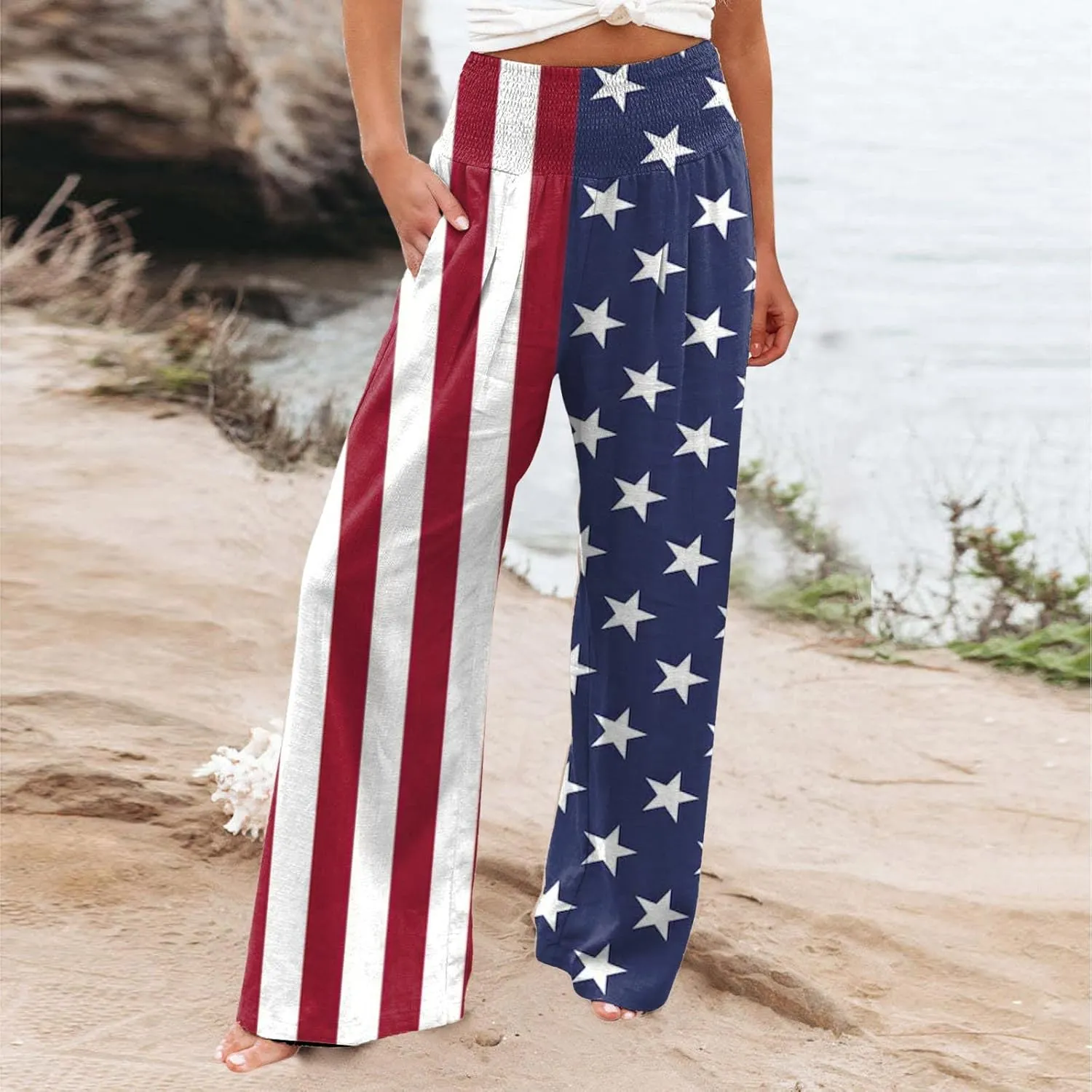 High Waist Cotton Linen Pants Wide Leg Palazzo Pants for Women Smocked Elastic Waist Loose Comfy Casual Pajama Pants