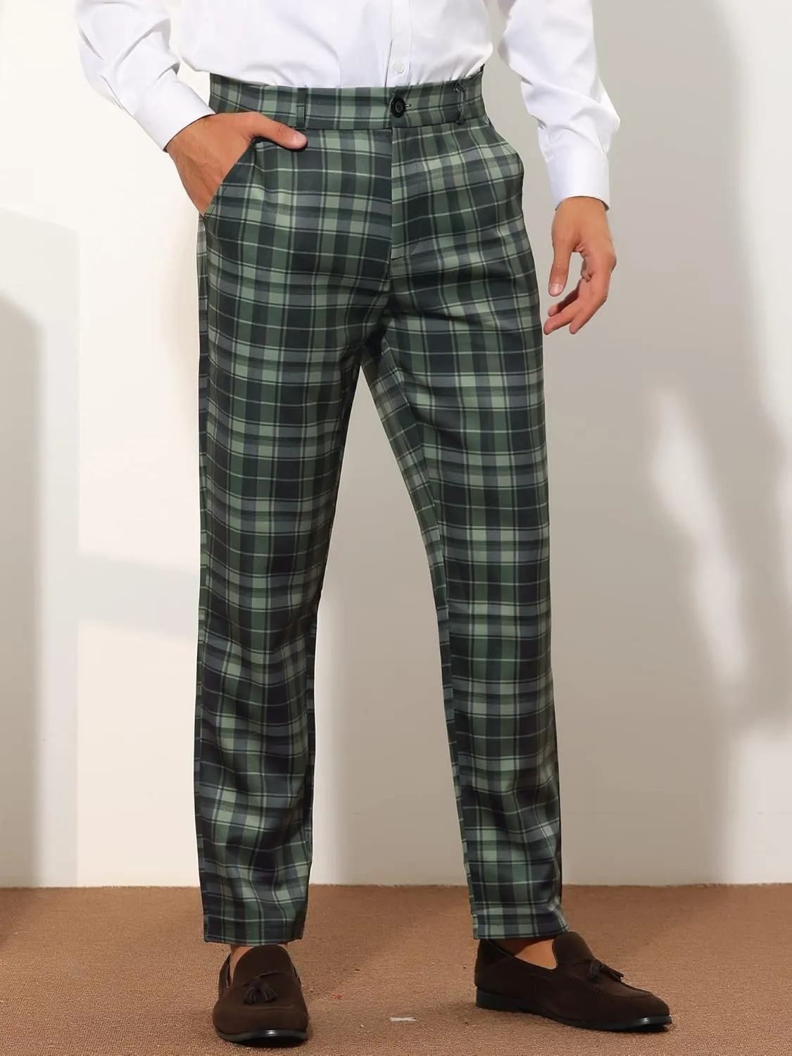 Lars Amadeus Plaid Suit Pants for Men's Straight Fit Casual Checked Pattern Trousers