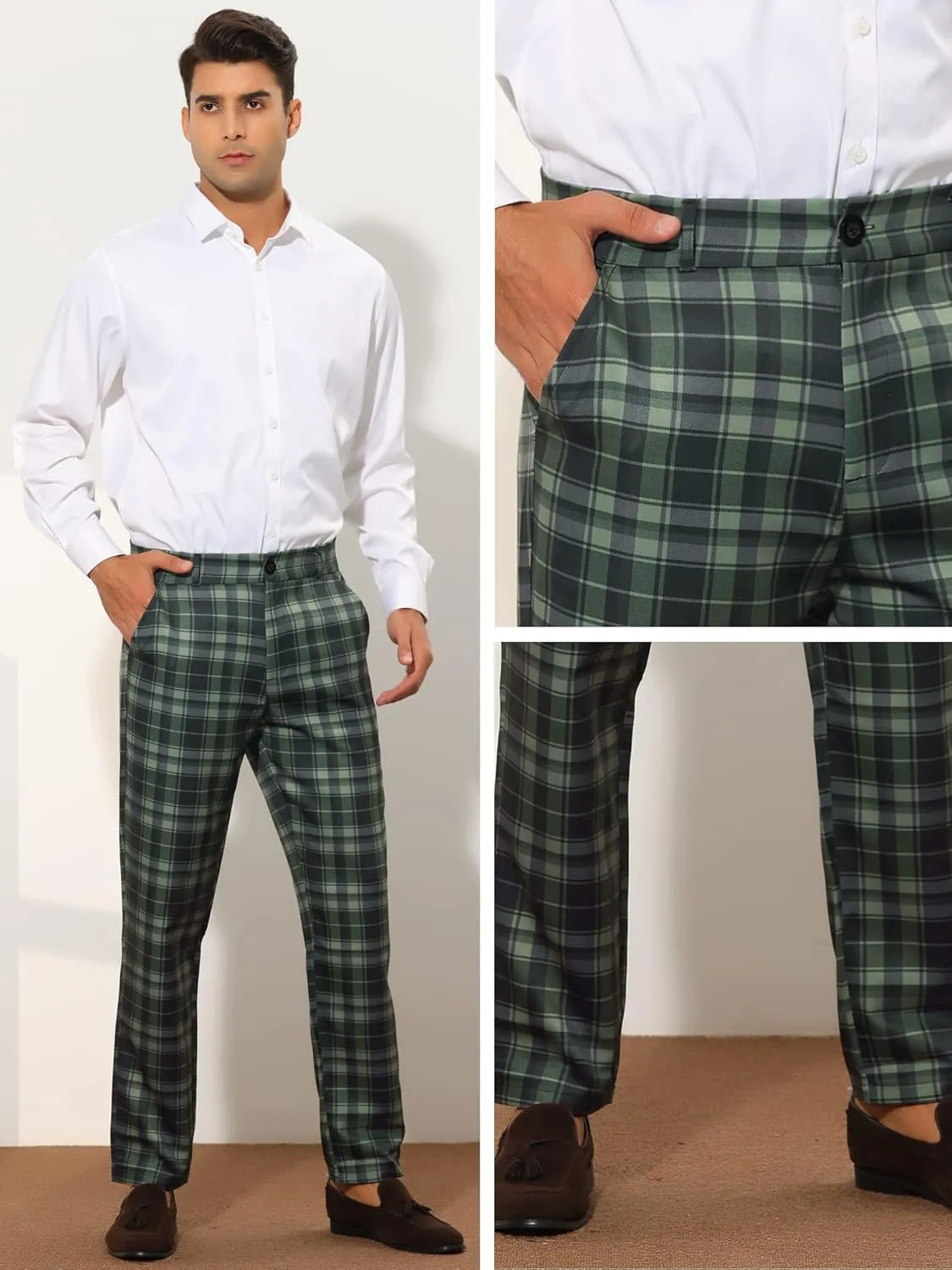 Lars Amadeus Plaid Suit Pants for Men's Straight Fit Casual Checked Pattern Trousers