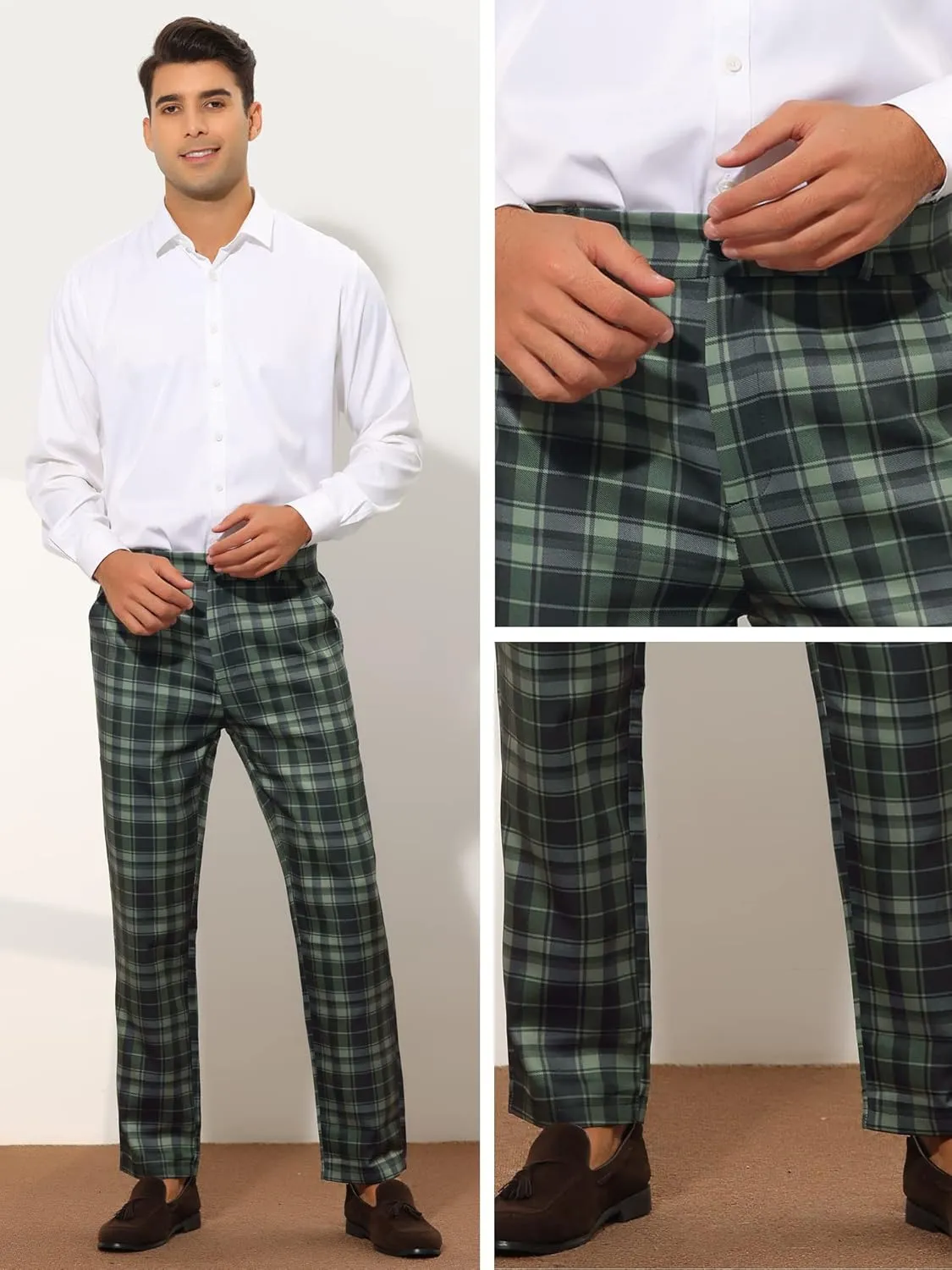 Lars Amadeus Plaid Suit Pants for Men's Straight Fit Casual Checked Pattern Trousers