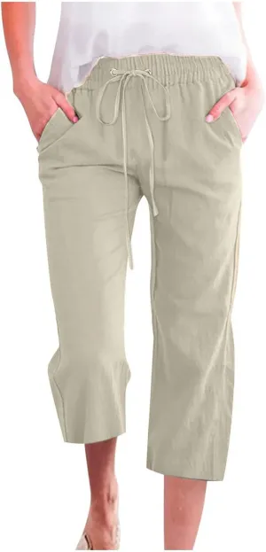 Linen Capris Pants for Women Summer Casual Drawstring Loose Elastic High Waist Cropped Straight Trousers with Pockets