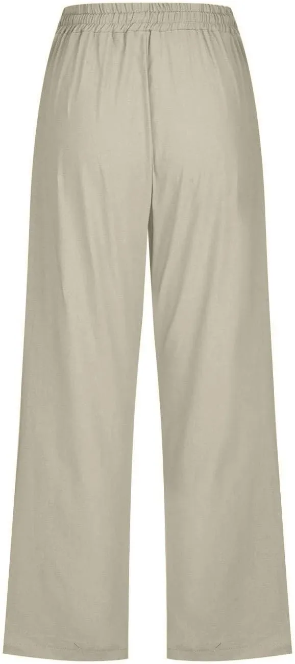 Linen Capris Pants for Women Summer Casual Drawstring Loose Elastic High Waist Cropped Straight Trousers with Pockets