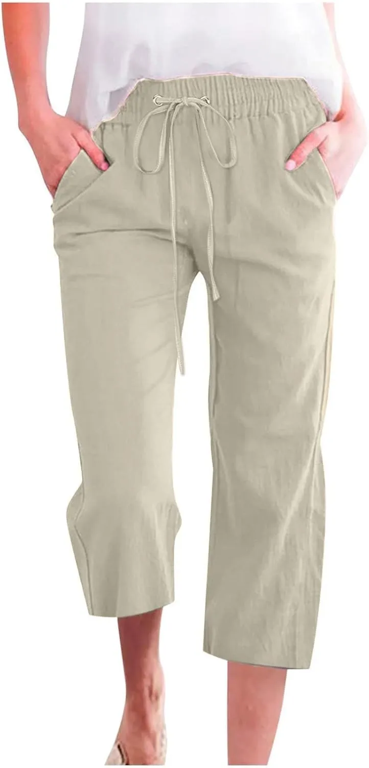 Linen Capris Pants for Women Summer Casual Drawstring Loose Elastic High Waist Cropped Straight Trousers with Pockets