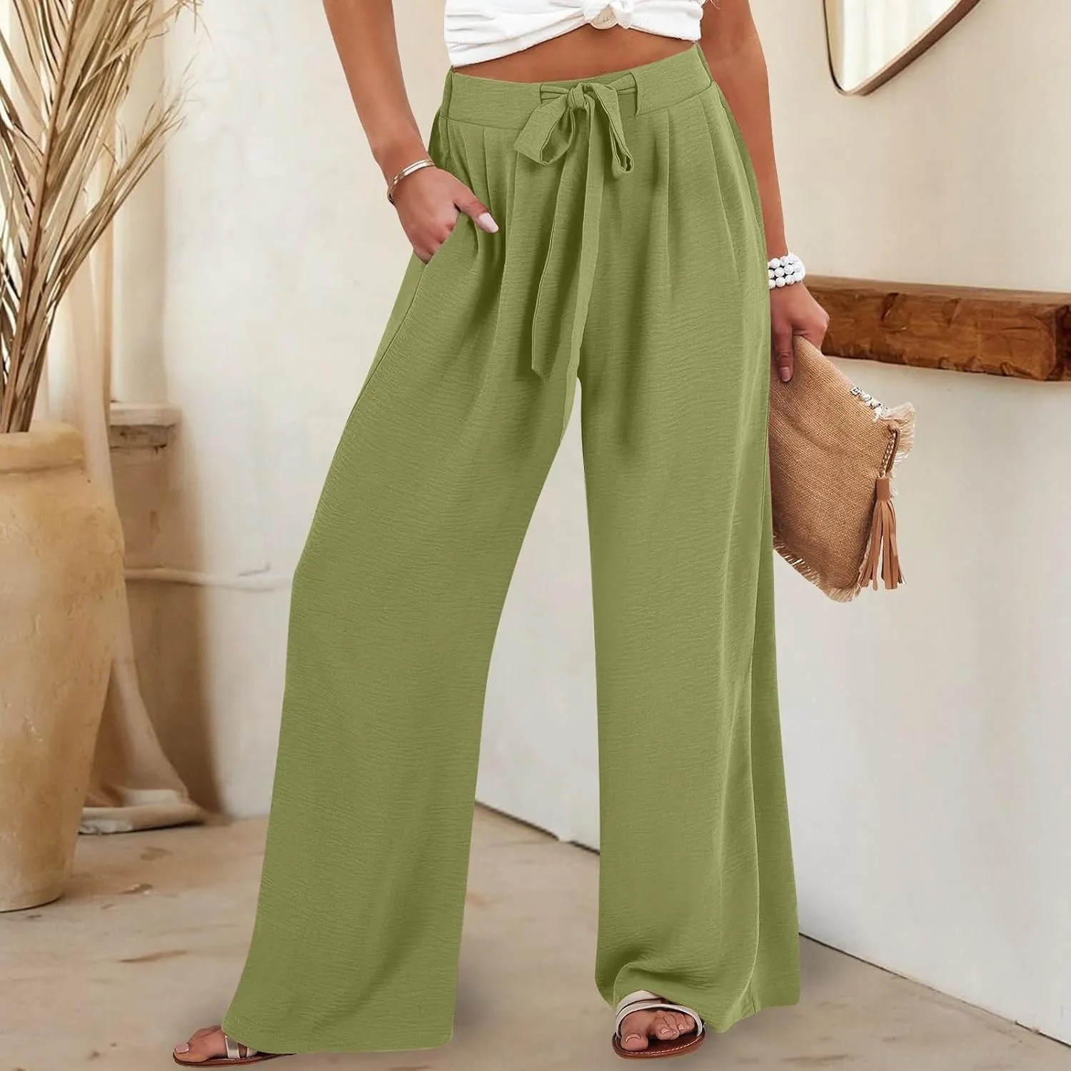 Linen Pants for Women 2025 Dressy High Waisted Wide Leg Palazzo Pants Summer Casual Loose Flowy Trousers with Pocket