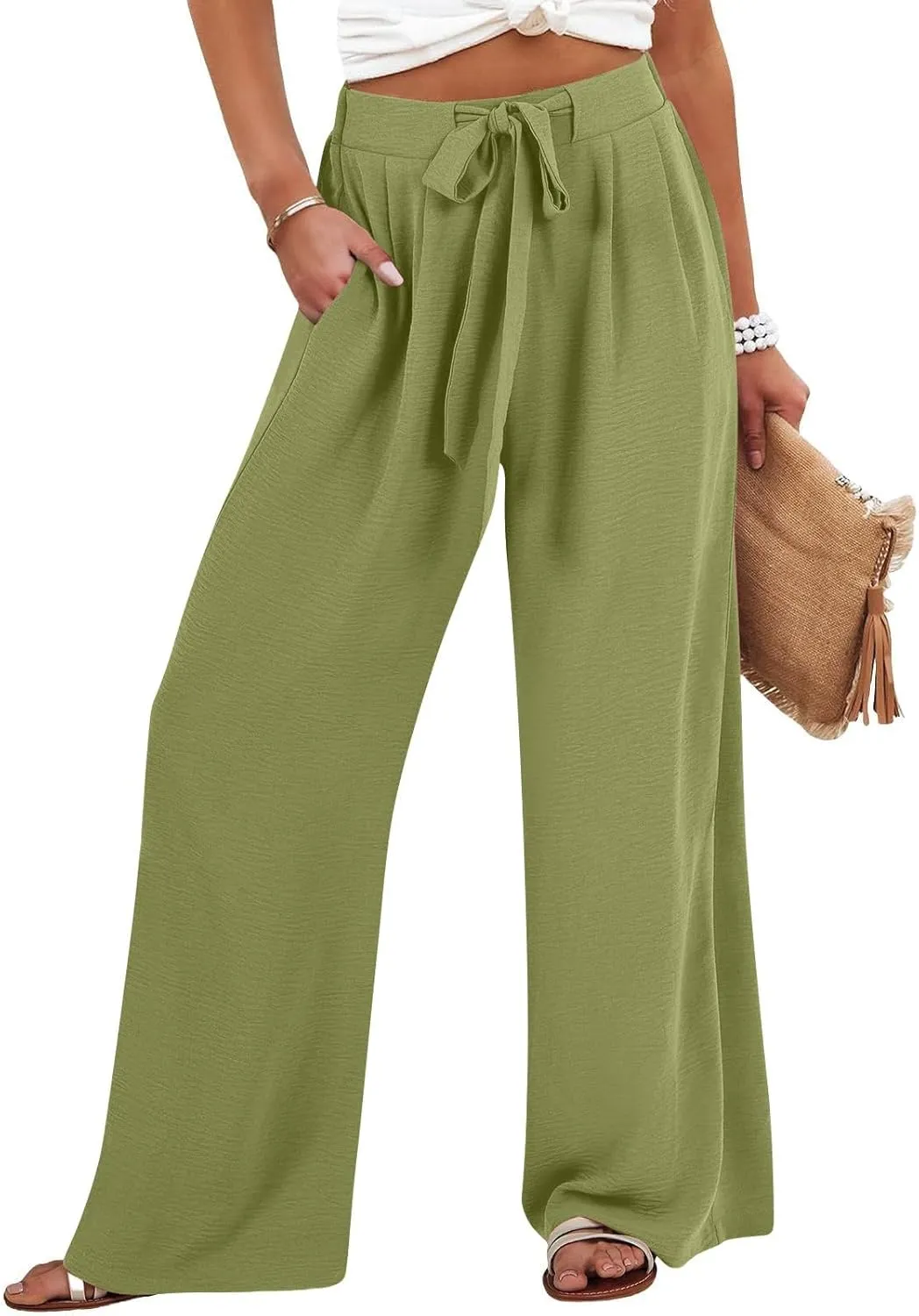 Linen Pants for Women 2025 Dressy High Waisted Wide Leg Palazzo Pants Summer Casual Loose Flowy Trousers with Pocket