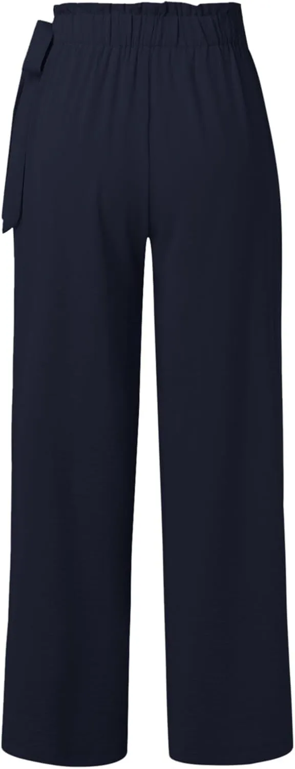 Linen Pants for Women High Waist Wide Leg Pants Loose Fit Palazzo Pants Summer Beach Trousers with Pockets