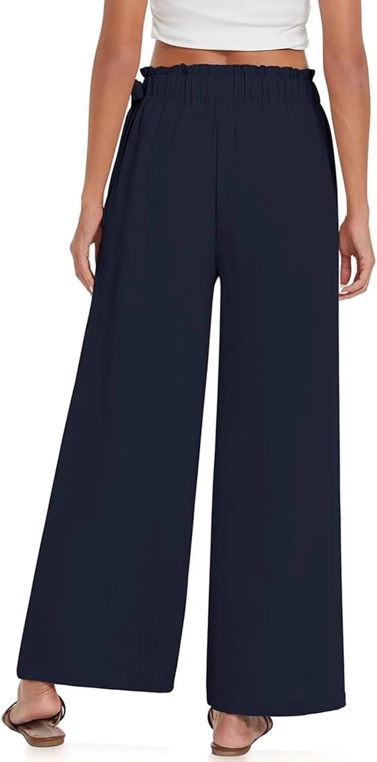 Linen Pants for Women High Waist Wide Leg Pants Loose Fit Palazzo Pants Summer Beach Trousers with Pockets