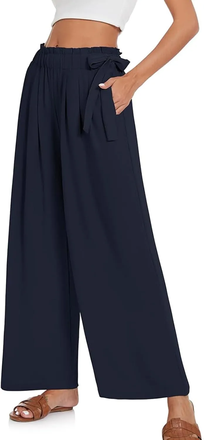 Linen Pants for Women High Waist Wide Leg Pants Loose Fit Palazzo Pants Summer Beach Trousers with Pockets