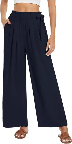 Linen Pants for Women High Waist Wide Leg Pants Loose Fit Palazzo Pants Summer Beach Trousers with Pockets