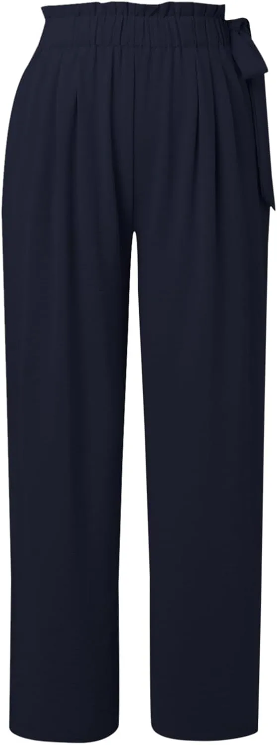 Linen Pants for Women High Waist Wide Leg Pants Loose Fit Palazzo Pants Summer Beach Trousers with Pockets