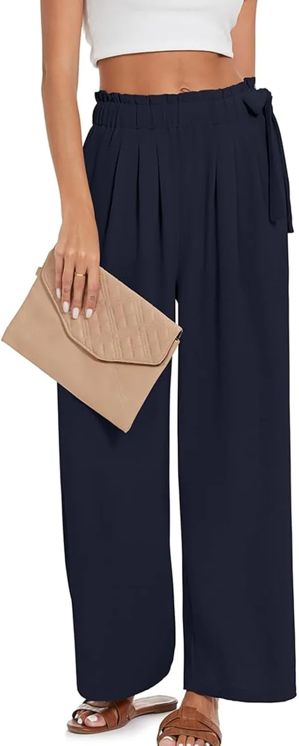 Linen Pants for Women High Waist Wide Leg Pants Loose Fit Palazzo Pants Summer Beach Trousers with Pockets
