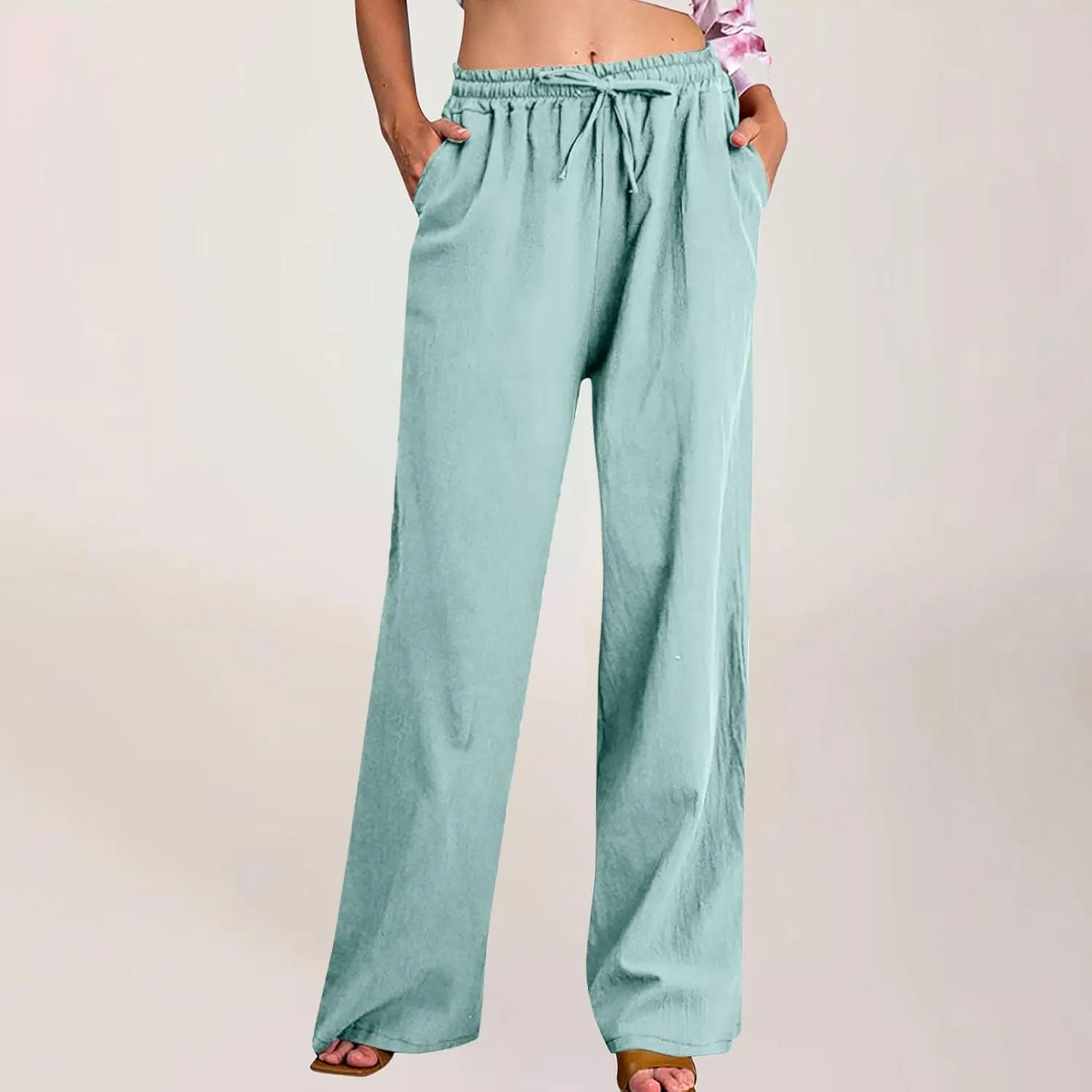 Linen Pants Women High Waisted Drawstring Palazzo Pants 2025 Flowy Wide Leg Trouser with Pockets Beach Vacation Clothes