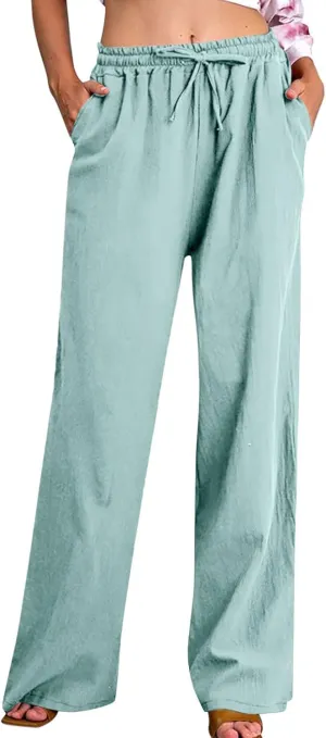 Linen Pants Women High Waisted Drawstring Palazzo Pants 2025 Flowy Wide Leg Trouser with Pockets Beach Vacation Clothes