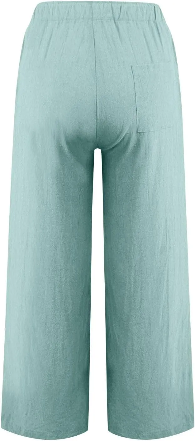 Linen Pants Women High Waisted Drawstring Palazzo Pants 2025 Flowy Wide Leg Trouser with Pockets Beach Vacation Clothes