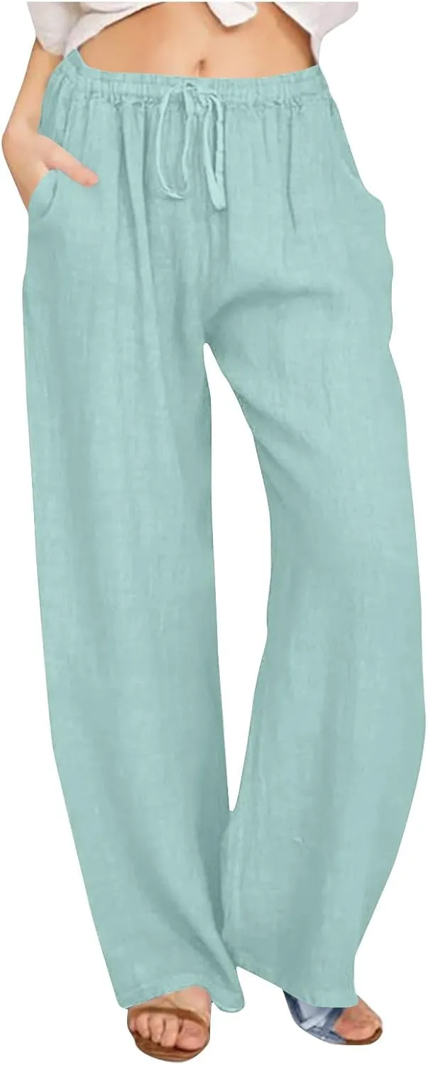 Linen Pants Women High Waisted Drawstring Palazzo Pants 2025 Flowy Wide Leg Trouser with Pockets Beach Vacation Clothes
