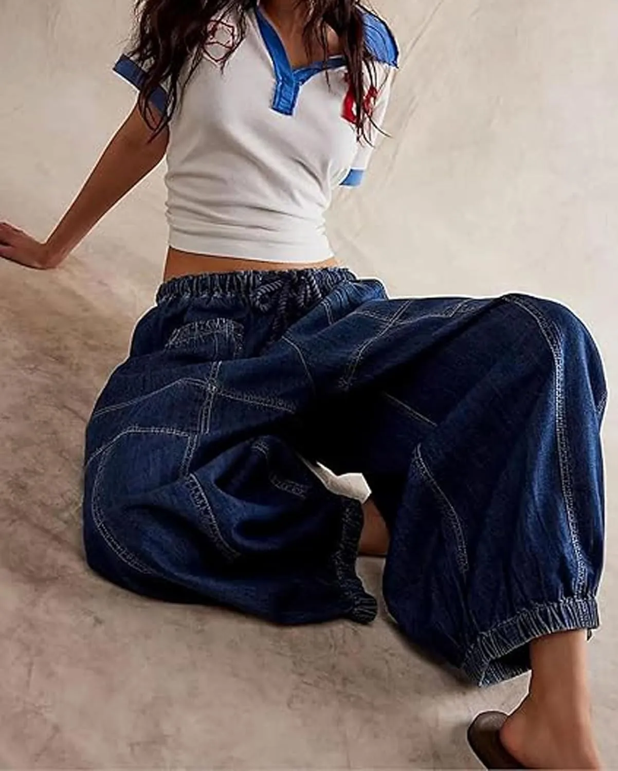loveimgs Women Baggy Jeans Elastic Waist Cargo Denim Pants Y2k Patchwork Wide Leg Barrel Jeans Drawstring Harem Pants