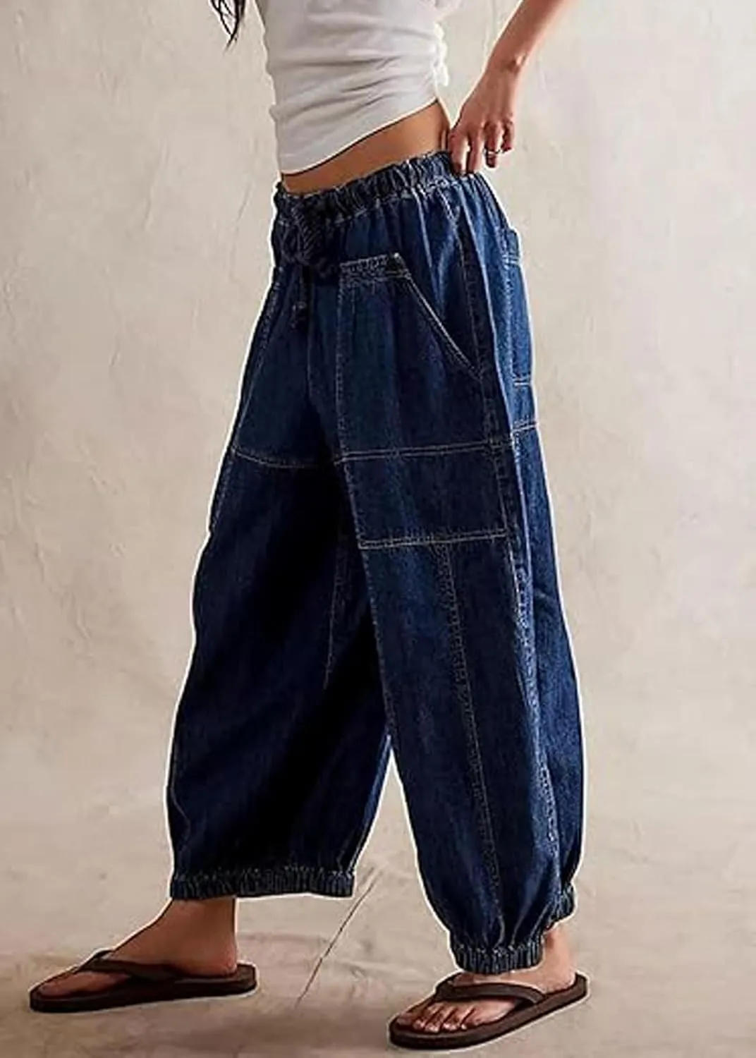 loveimgs Women Baggy Jeans Elastic Waist Cargo Denim Pants Y2k Patchwork Wide Leg Barrel Jeans Drawstring Harem Pants