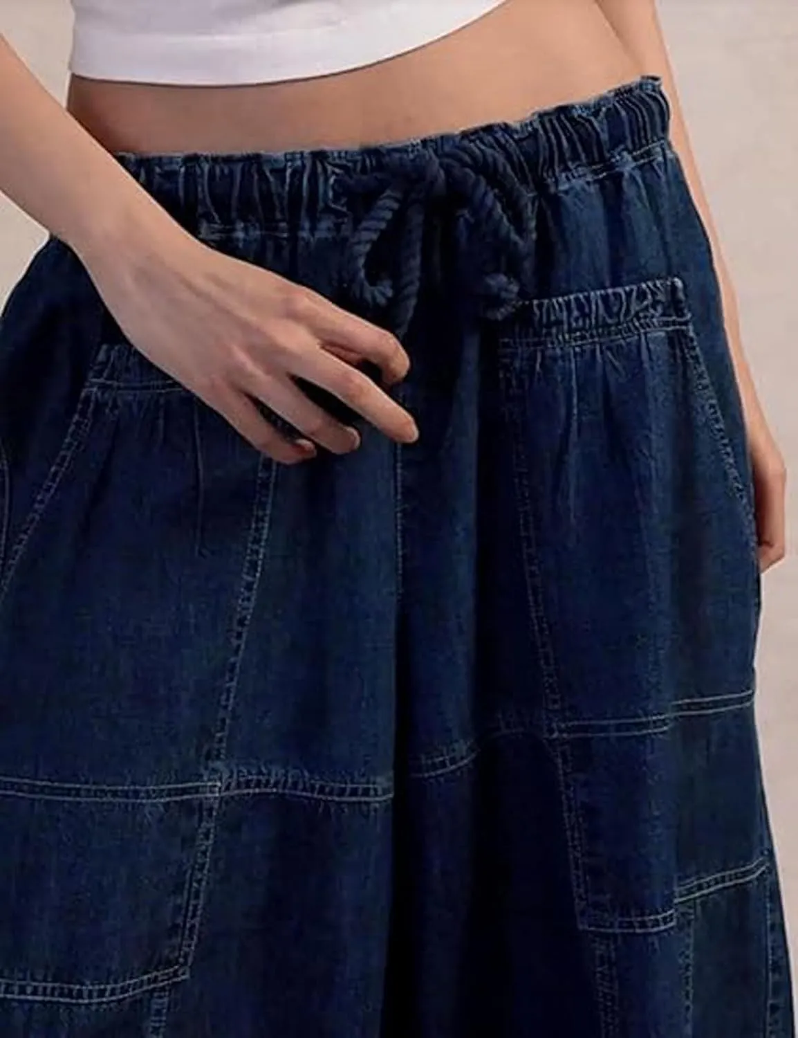 loveimgs Women Baggy Jeans Elastic Waist Cargo Denim Pants Y2k Patchwork Wide Leg Barrel Jeans Drawstring Harem Pants