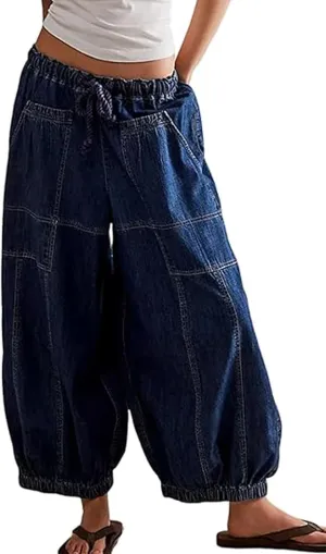 loveimgs Women Baggy Jeans Elastic Waist Cargo Denim Pants Y2k Patchwork Wide Leg Barrel Jeans Drawstring Harem Pants