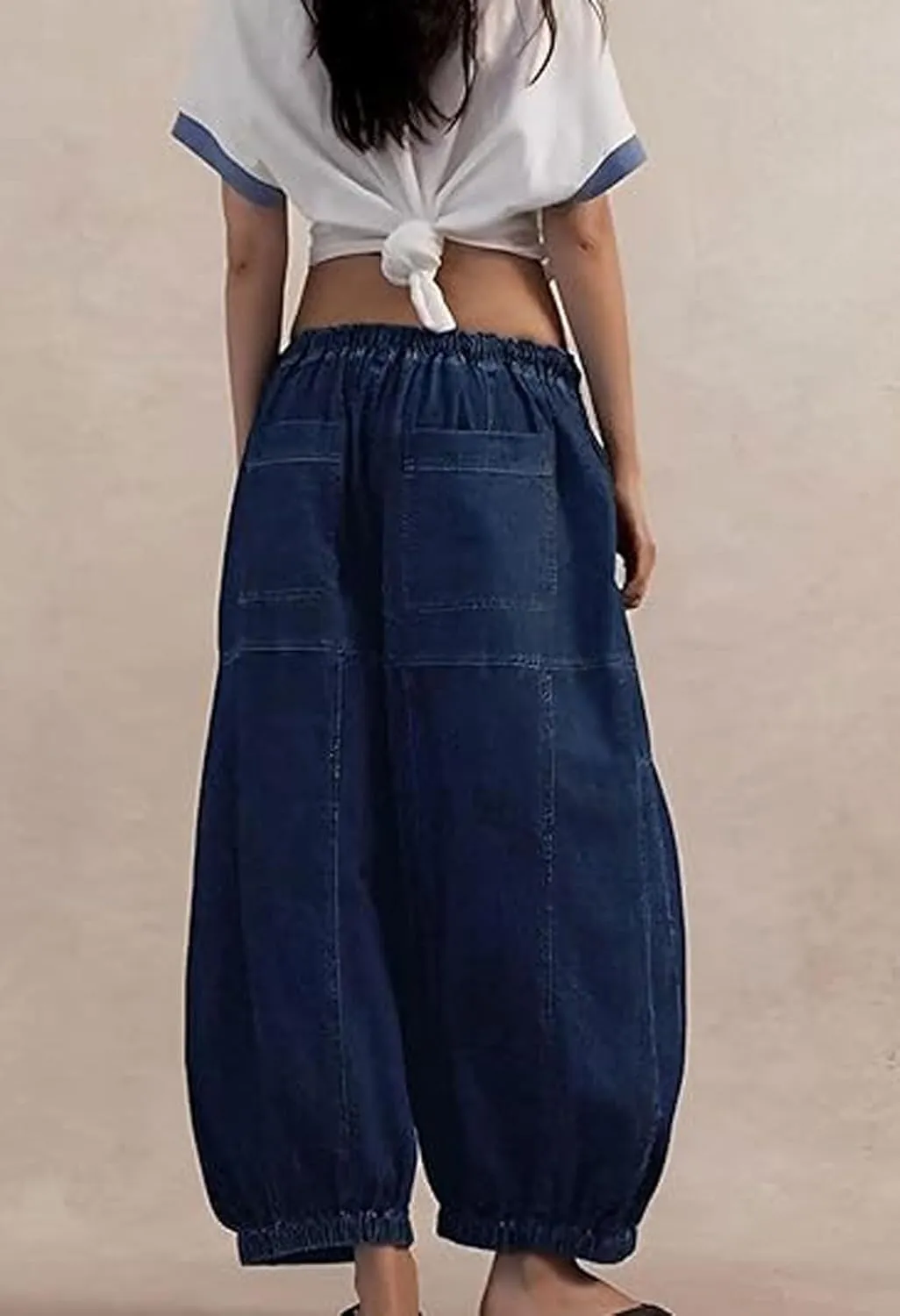 loveimgs Women Baggy Jeans Elastic Waist Cargo Denim Pants Y2k Patchwork Wide Leg Barrel Jeans Drawstring Harem Pants