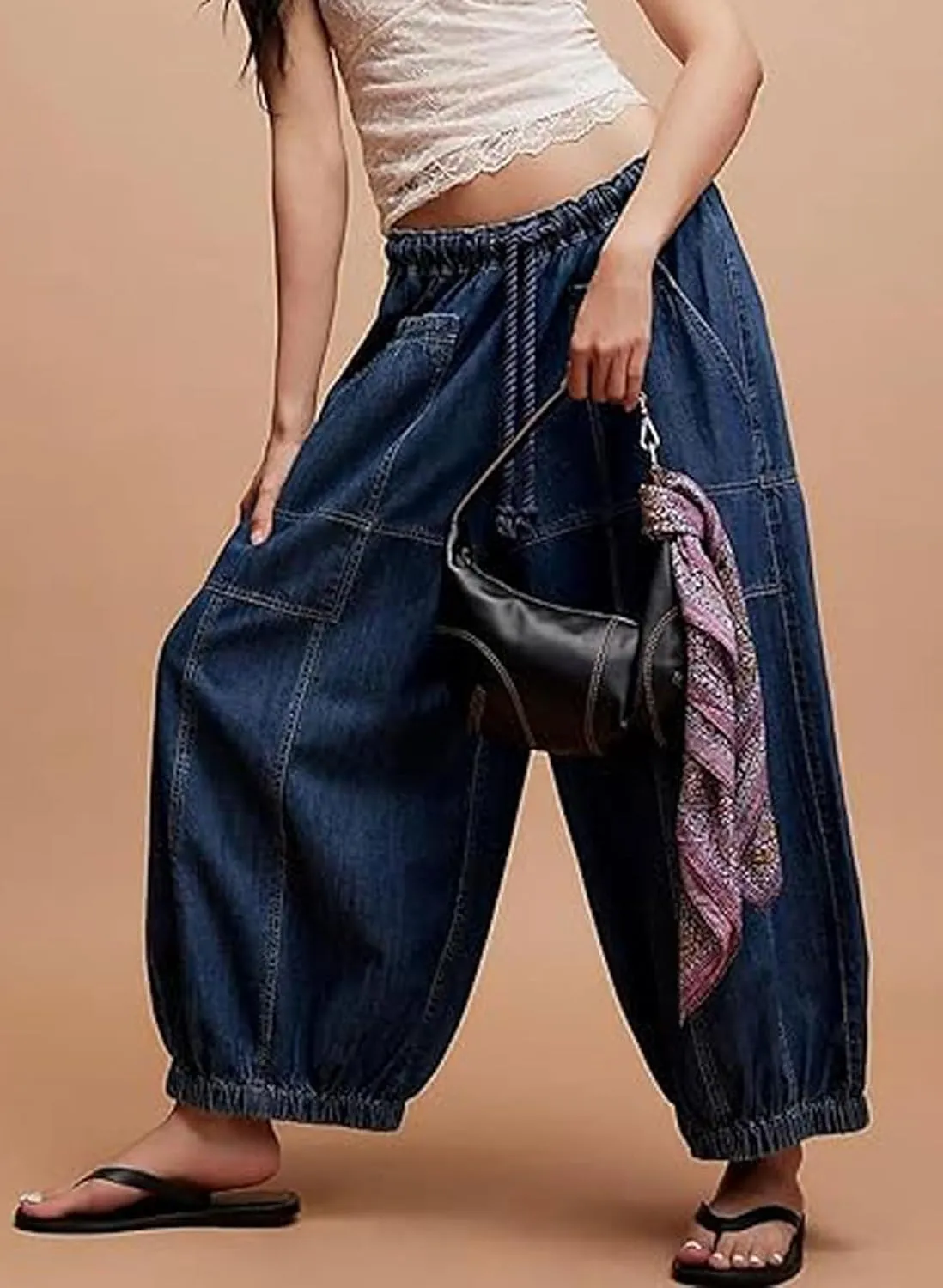 loveimgs Women Baggy Jeans Elastic Waist Cargo Denim Pants Y2k Patchwork Wide Leg Barrel Jeans Drawstring Harem Pants