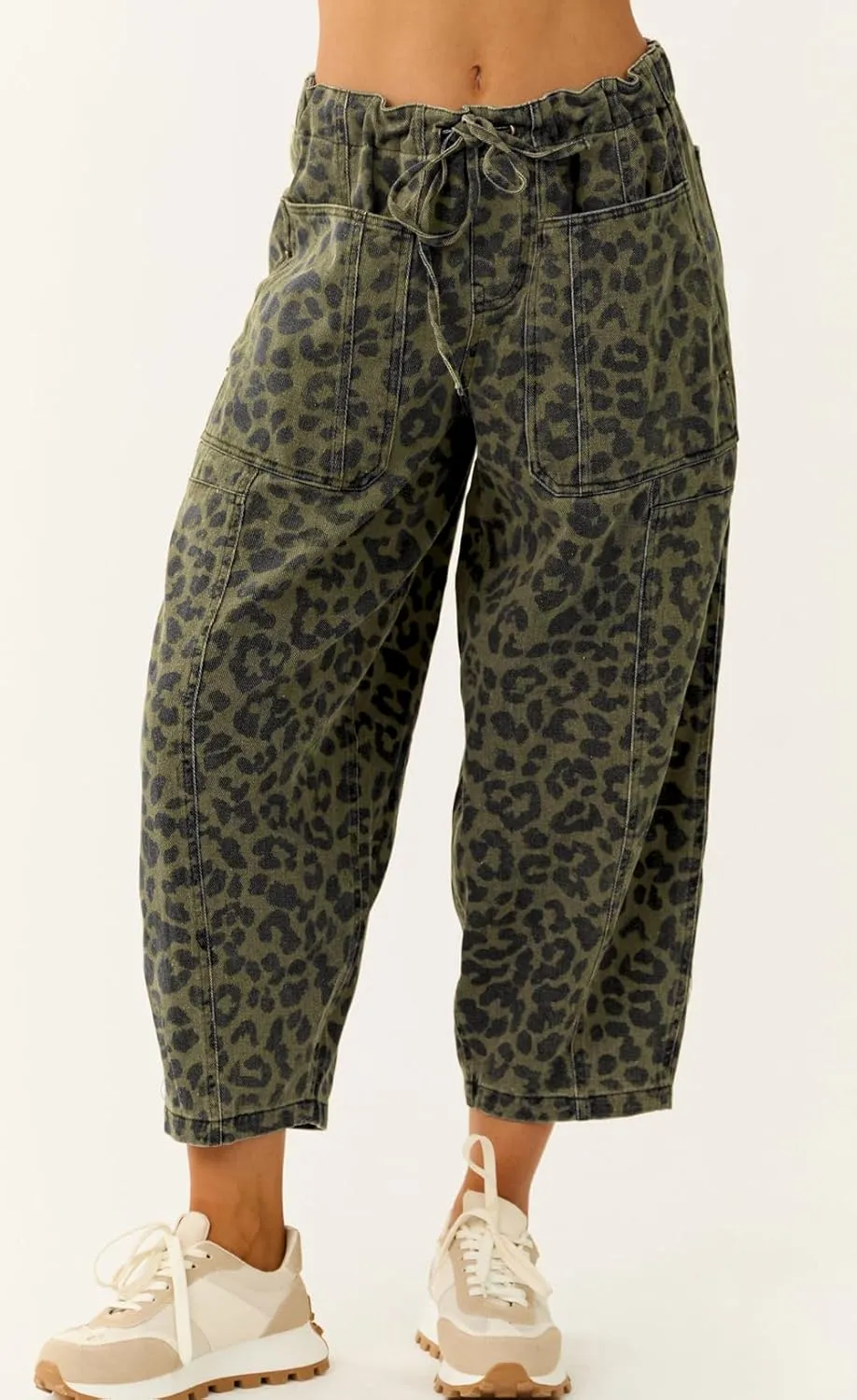loveimgs Women Loose Leopard Print Cropped Denim Pants Barrel Jeans Elastic Waist Cheetah Wide Leg Harem Pants