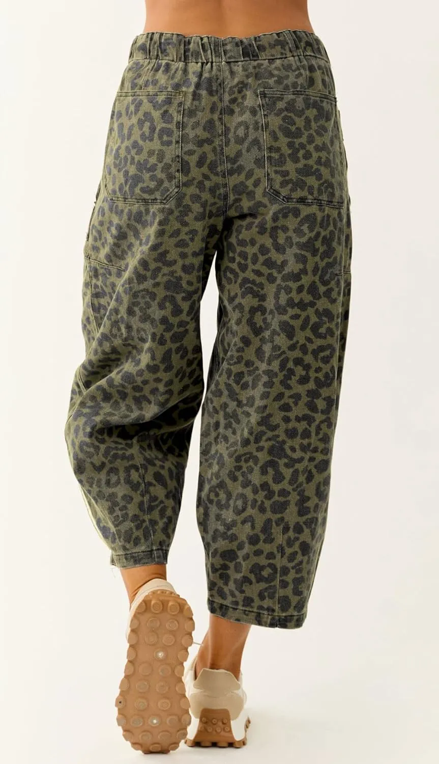 loveimgs Women Loose Leopard Print Cropped Denim Pants Barrel Jeans Elastic Waist Cheetah Wide Leg Harem Pants