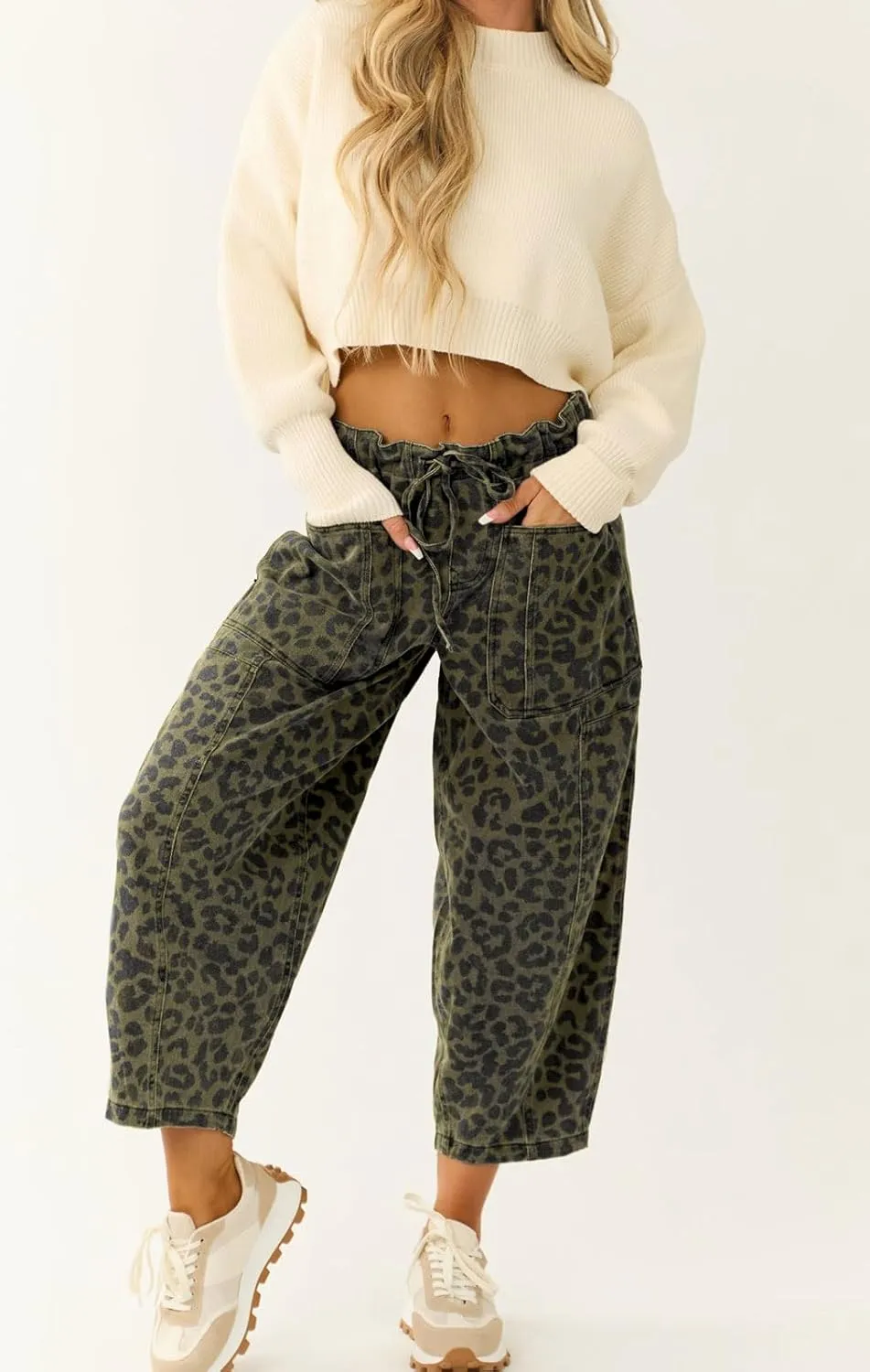 loveimgs Women Loose Leopard Print Cropped Denim Pants Barrel Jeans Elastic Waist Cheetah Wide Leg Harem Pants