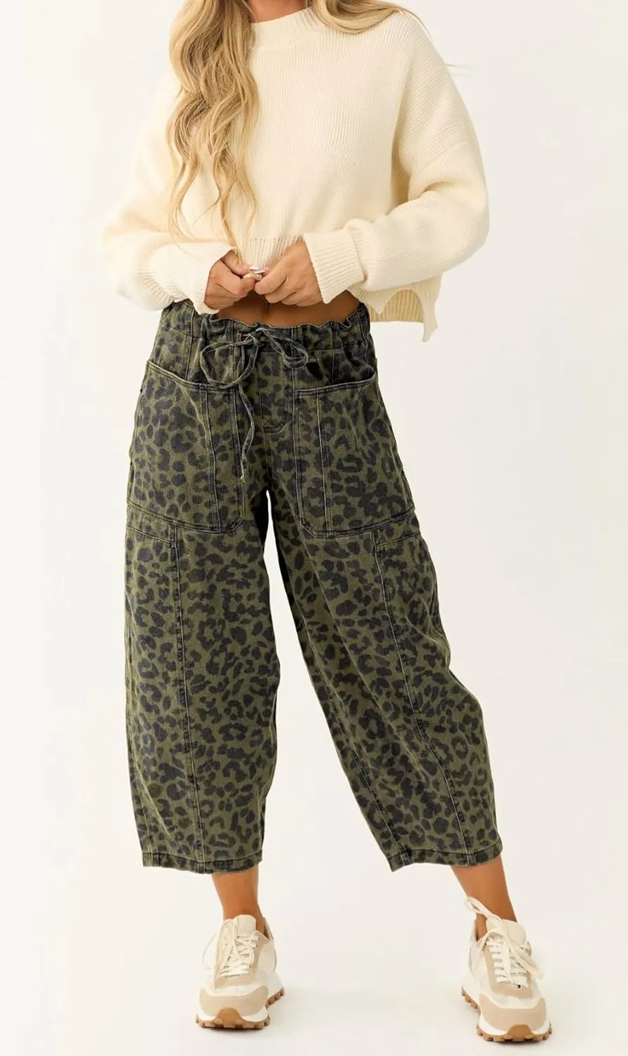 loveimgs Women Loose Leopard Print Cropped Denim Pants Barrel Jeans Elastic Waist Cheetah Wide Leg Harem Pants