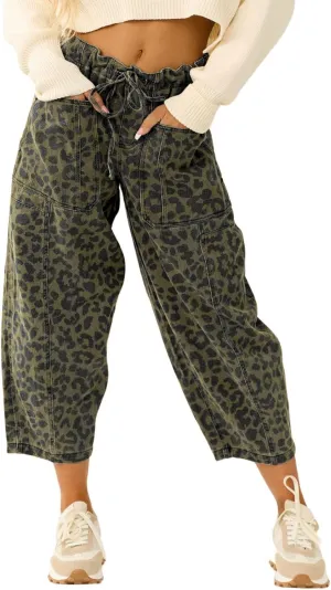 loveimgs Women Loose Leopard Print Cropped Denim Pants Barrel Jeans Elastic Waist Cheetah Wide Leg Harem Pants
