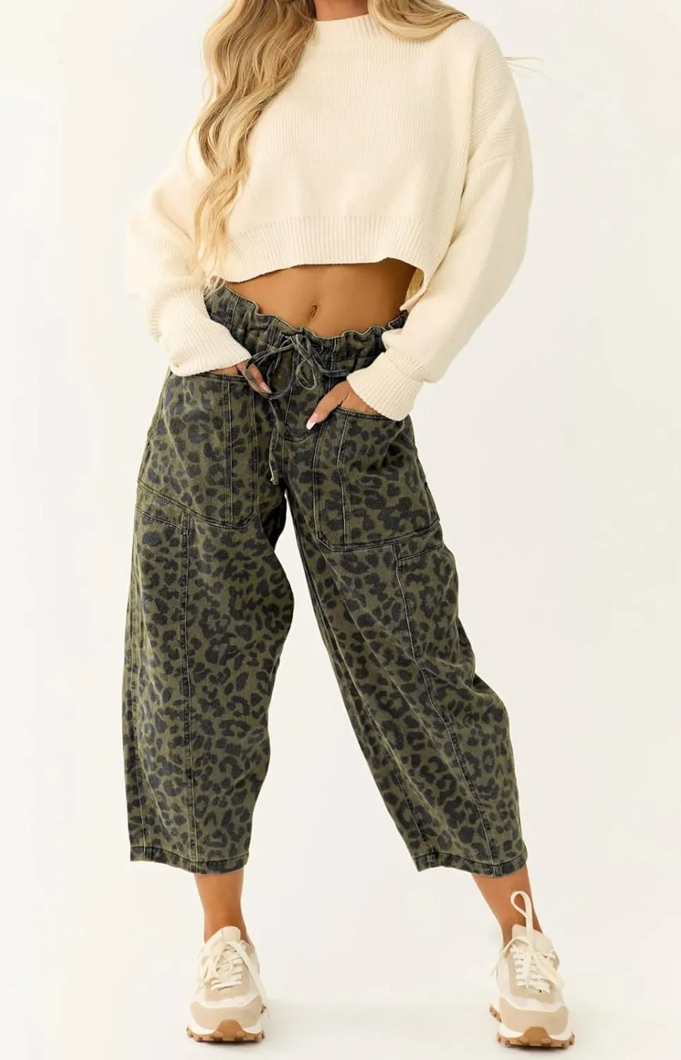 loveimgs Women Loose Leopard Print Cropped Denim Pants Barrel Jeans Elastic Waist Cheetah Wide Leg Harem Pants