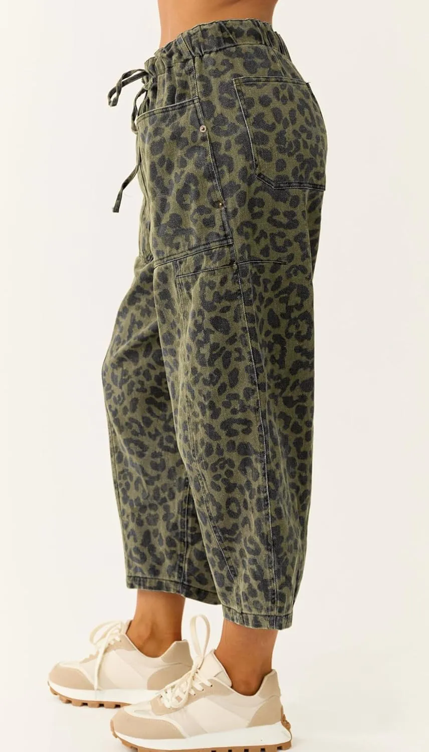 loveimgs Women Loose Leopard Print Cropped Denim Pants Barrel Jeans Elastic Waist Cheetah Wide Leg Harem Pants