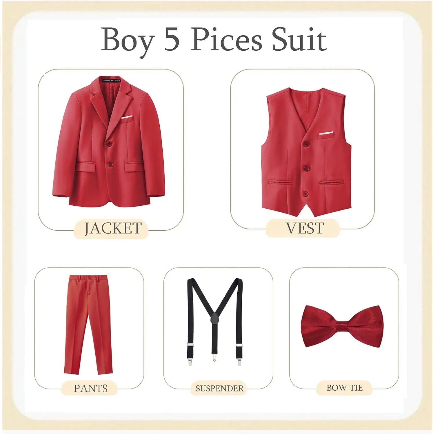 MAGE MALE Boys Multiple Colour Formal Dress Suits 5 Piece Slim Fit Dresswear Suit Set with Kids Suspenders